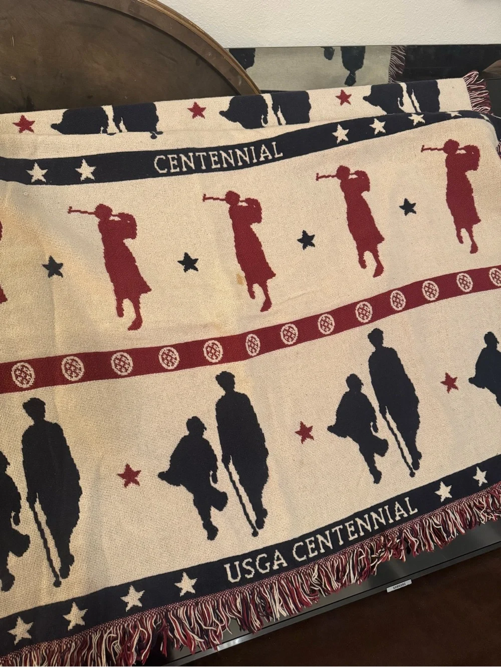 Vintage USGA Golf Centennial Tapestry Woven Blanket Red White Blue Patriotic